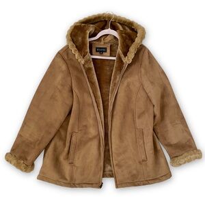 Vintage Braetan Faux Suede Sherpa Shearling Coat | Tan Vegan Fur Trim Jacket